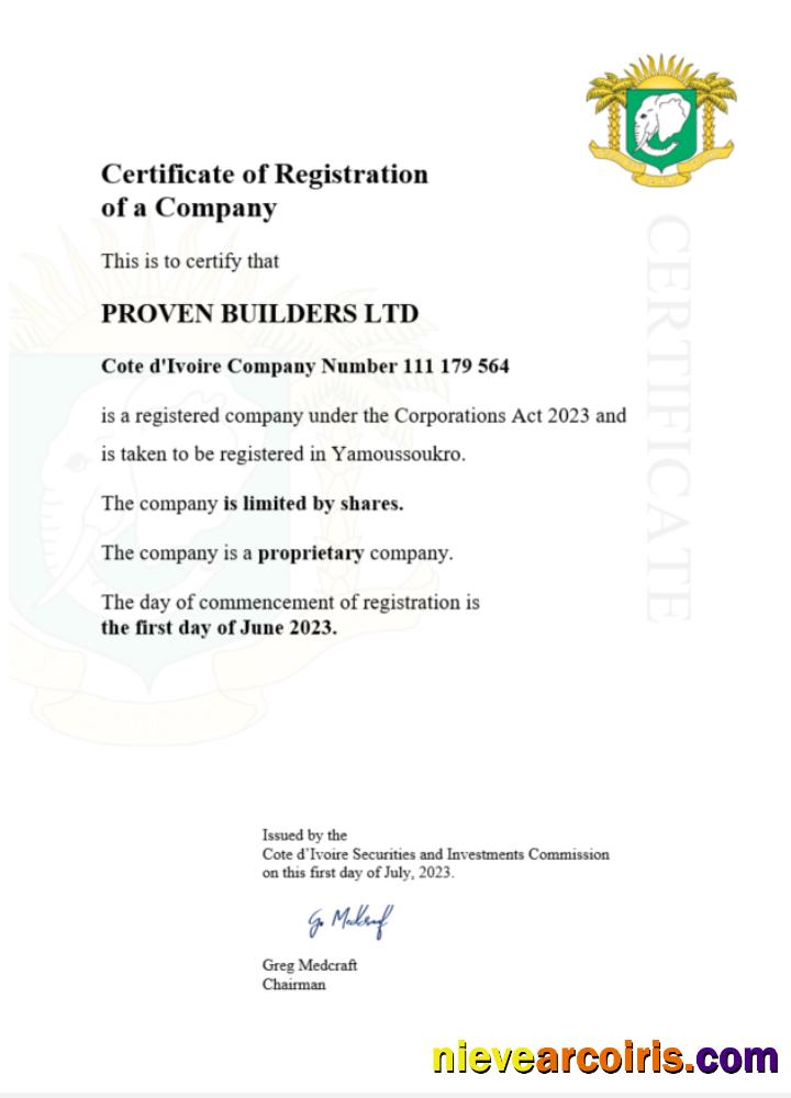Cote d'Ivoire certificate of registration